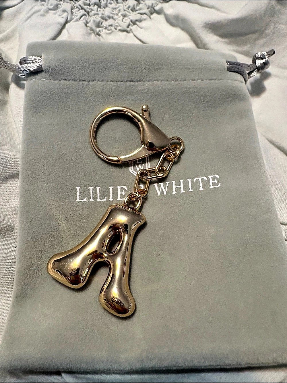 LILLIE&WHITE “A” initial keychain Gold Keychain with Branded Pouch Like New